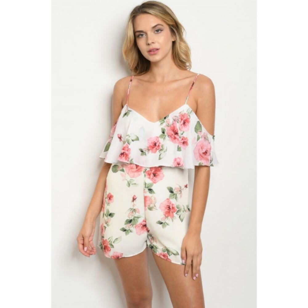 Brand New Charlotte Russe Flirty Ivory Rose Floral V Neck Ruffled Romper XS - Picture 4 of 6